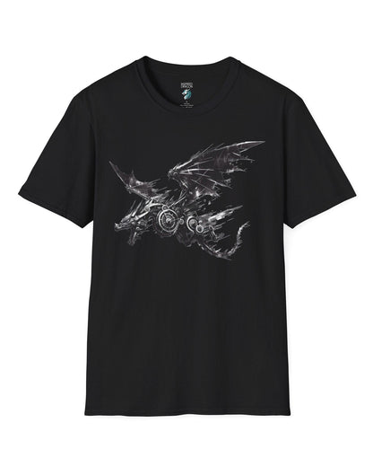 Steelbound Revenant shirt in black, featuring a black mechanical dragon in mid-flight with steampunk details.

