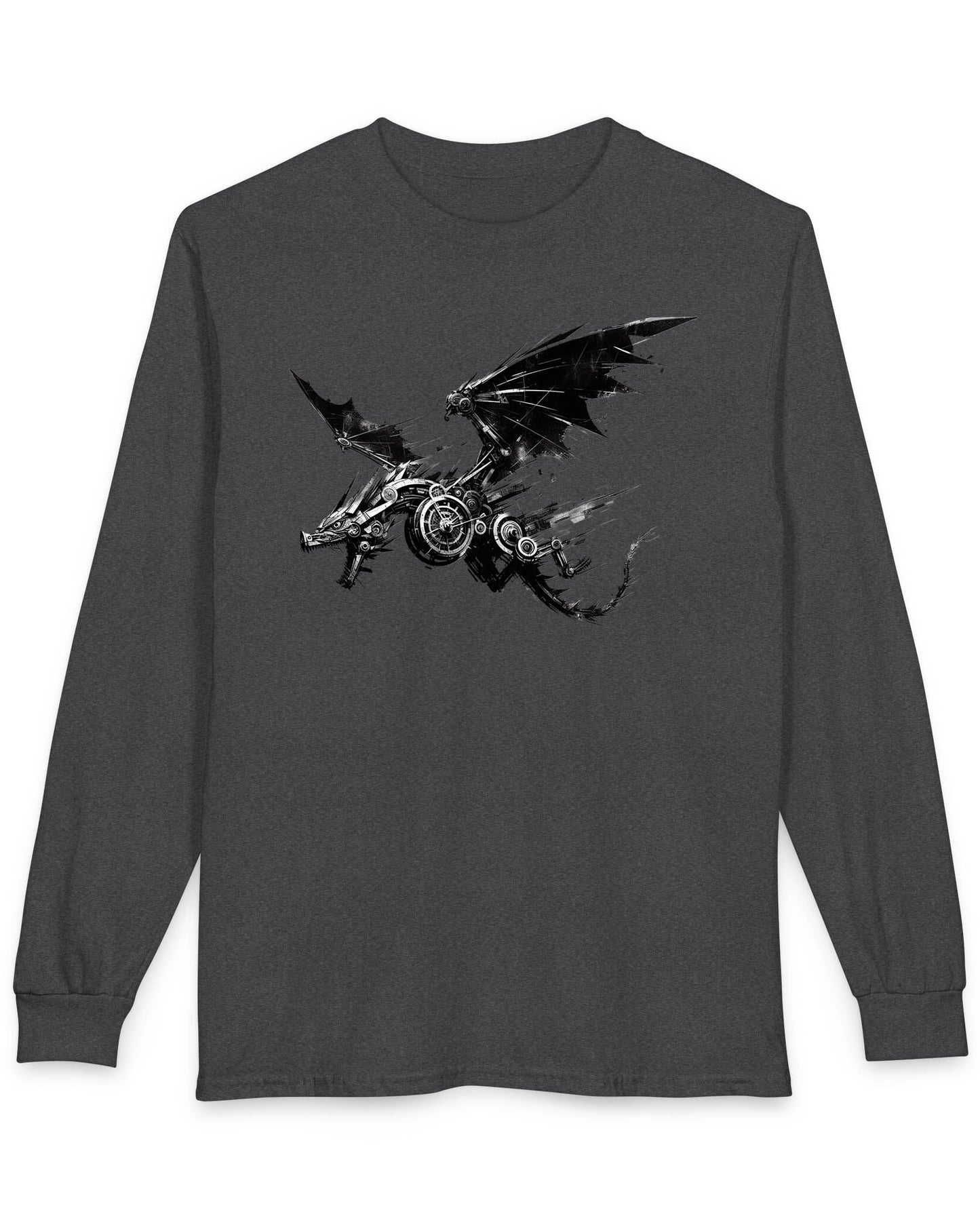 Steelbound Revenant shirt in dark heather featuring a black mechanical dragon in mid-flight with steampunk details
