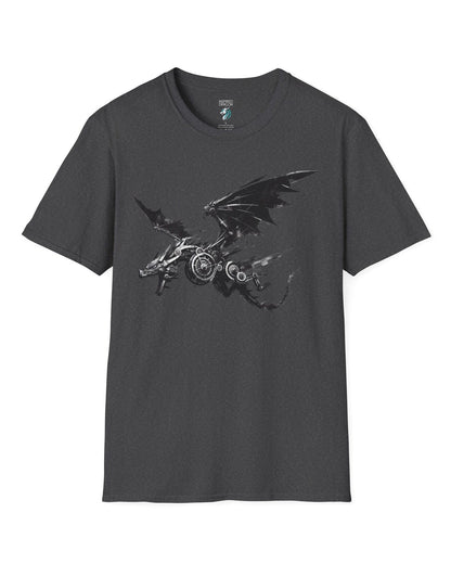 Steelbound Revenant shirt in dark heather grey, featuring a black mechanical dragon in mid-flight with steampunk details.
