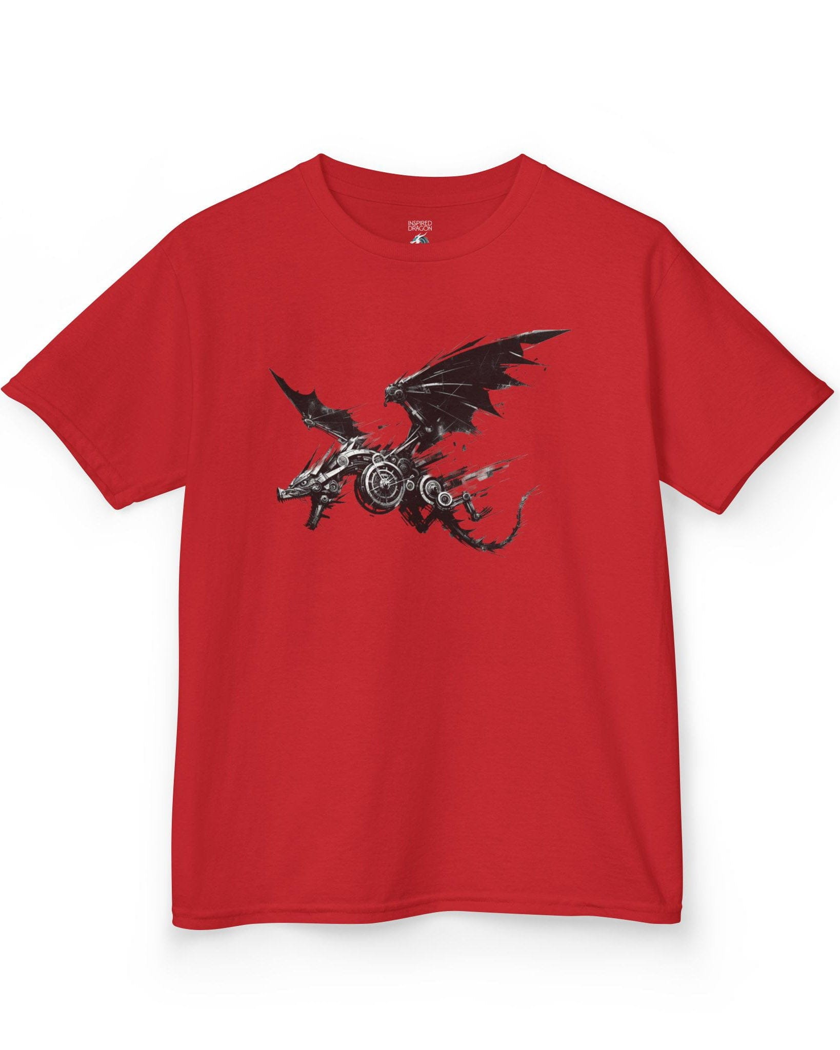 Steelbound Revenant shirt in red featuring a black mechanical dragon in mid-flight with steampunk details
