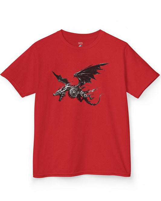 Steelbound Revenant shirt in red featuring a black mechanical dragon in mid-flight with steampunk details