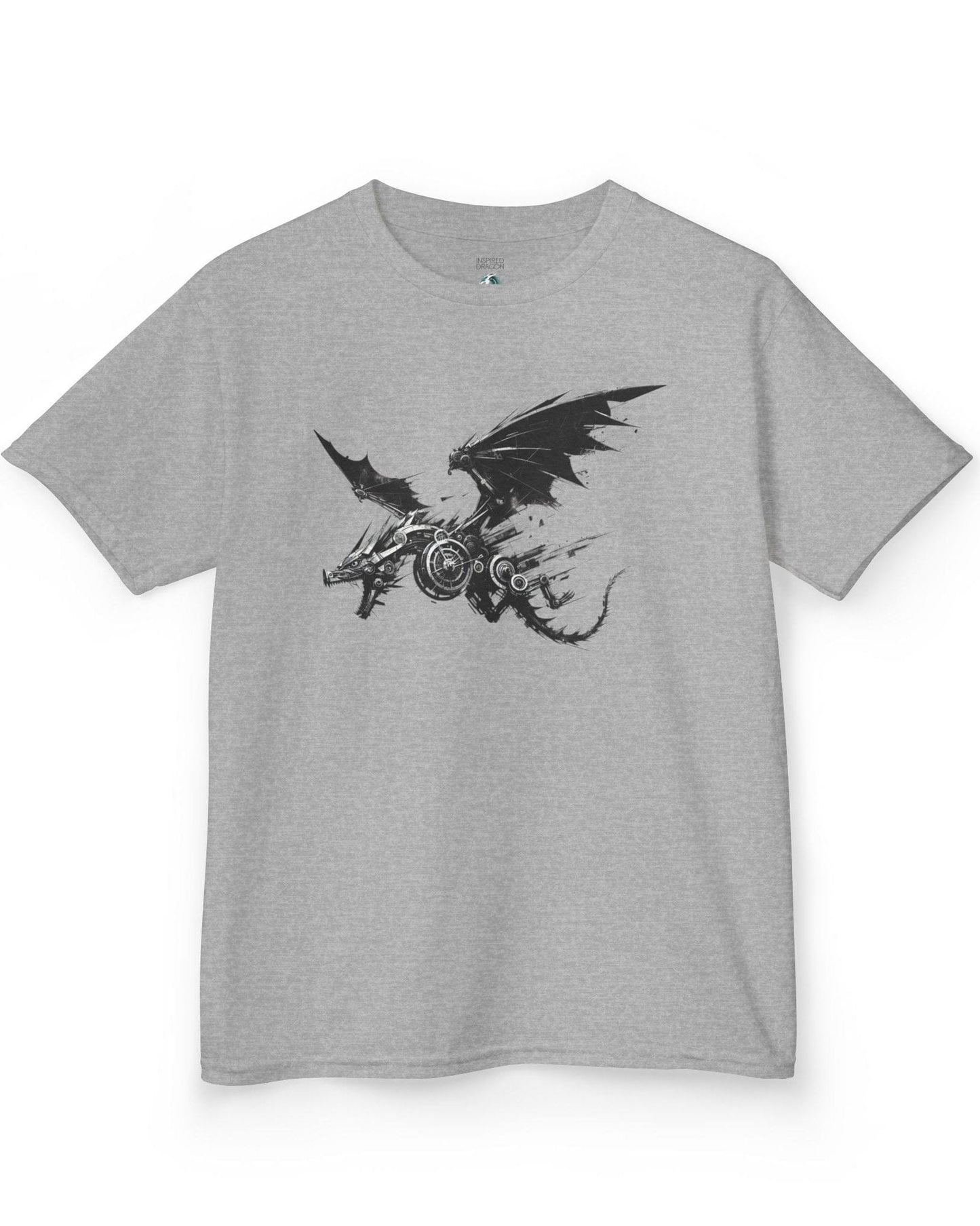 Steelbound Revenant shirt in sport grey featuring a black mechanical dragon in mid-flight with steampunk details