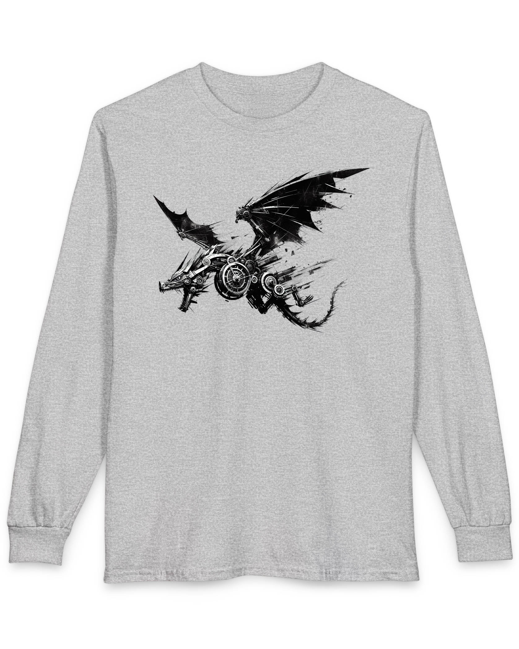 Steelbound Revenant shirt in sport grey featuring a black mechanical dragon in mid-flight with steampunk details