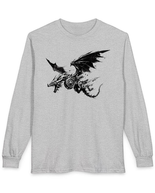 Steelbound Revenant shirt in sport grey featuring a black mechanical dragon in mid-flight with steampunk details