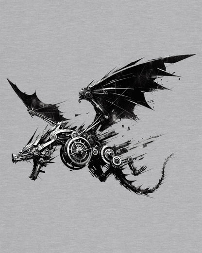 Steelbound Revenant shirt in sport grey, featuring a black mechanical dragon in mid-flight with steampunk details.