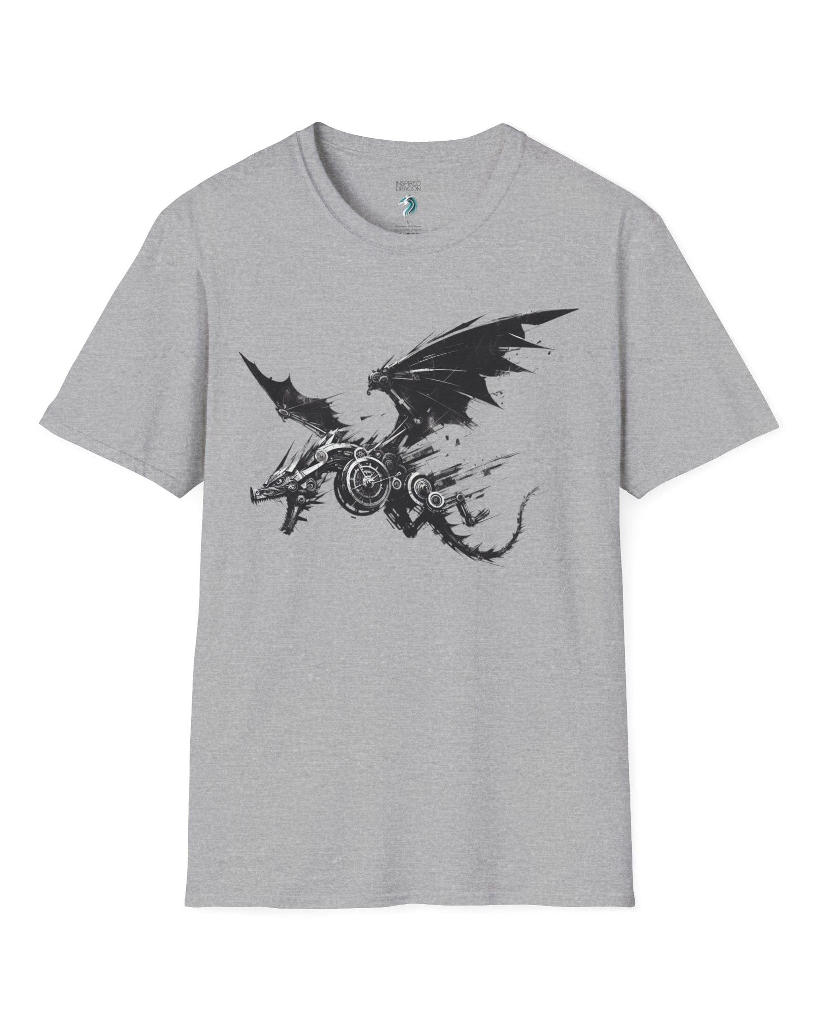 Steelbound Revenant shirt in sport grey, featuring a black mechanical dragon in mid-flight with steampunk details.
