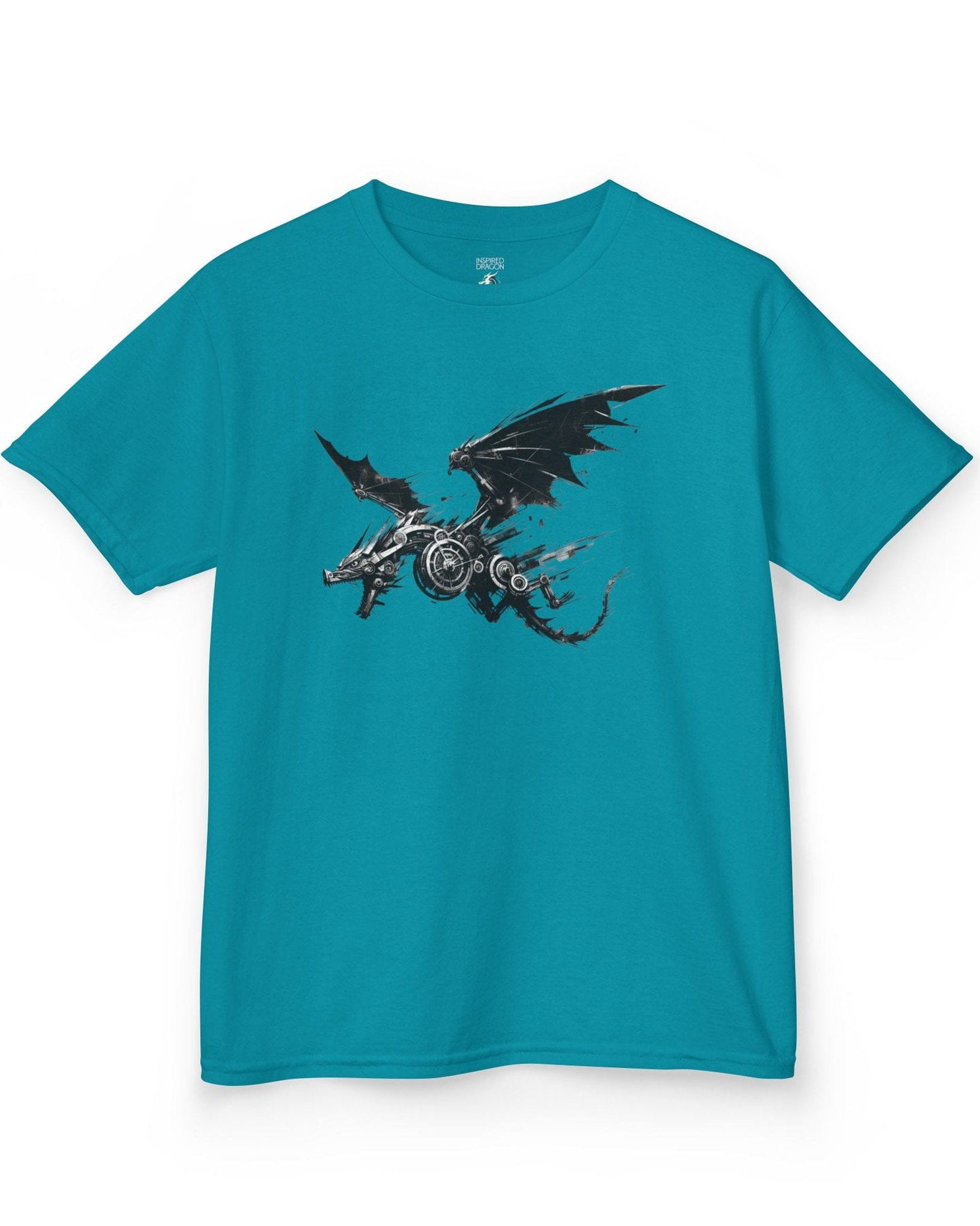 Steelbound Revenant shirt in tropical blue featuring a black mechanical dragon in mid-flight with steampunk details