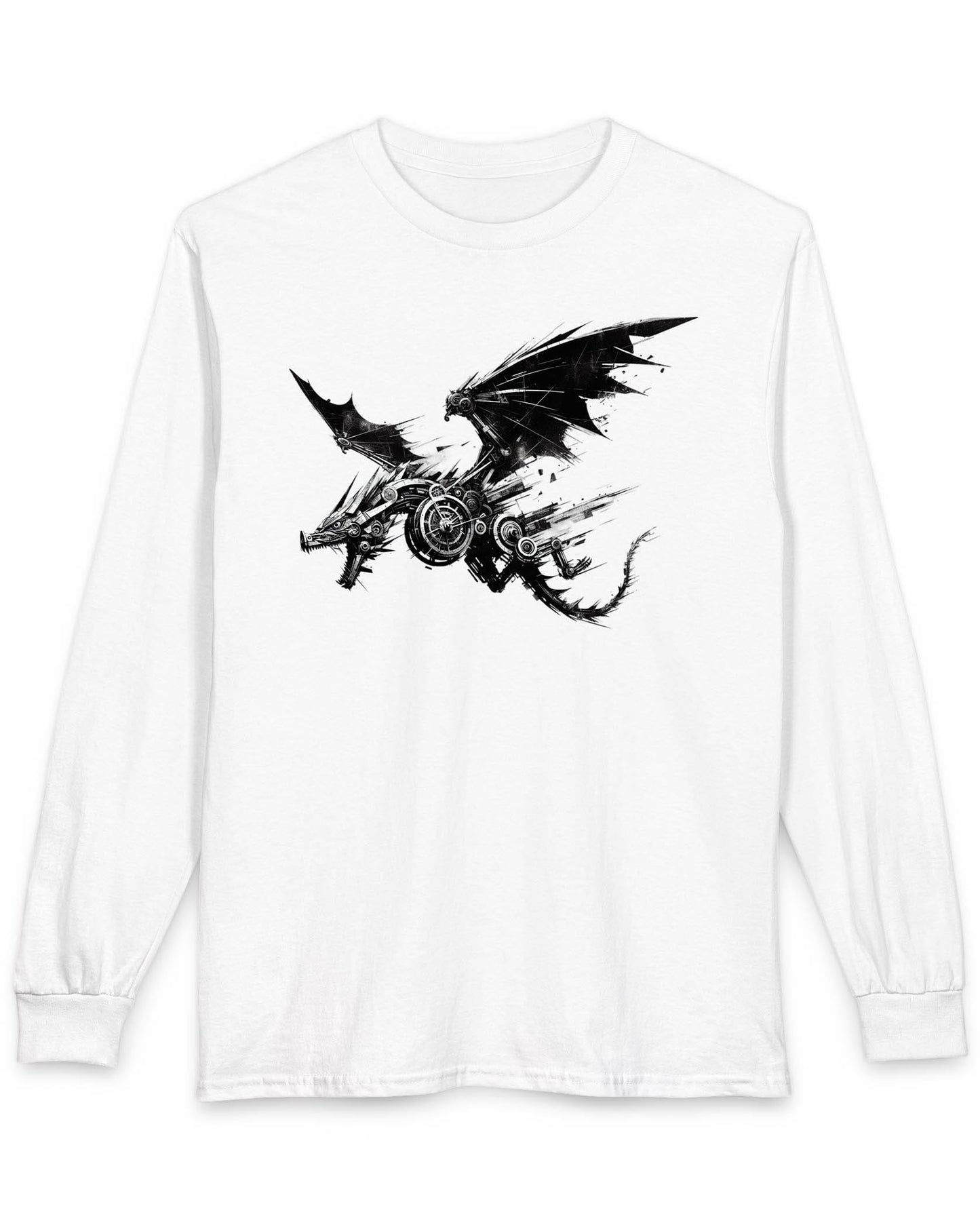 Steelbound Revenant shirt in white featuring a black mechanical dragon in mid-flight with steampunk details