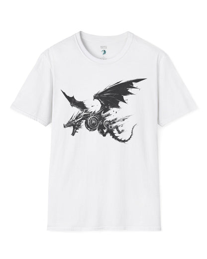 Steelbound Revenant shirt in white, featuring a black mechanical dragon in mid-flight with steampunk details.
