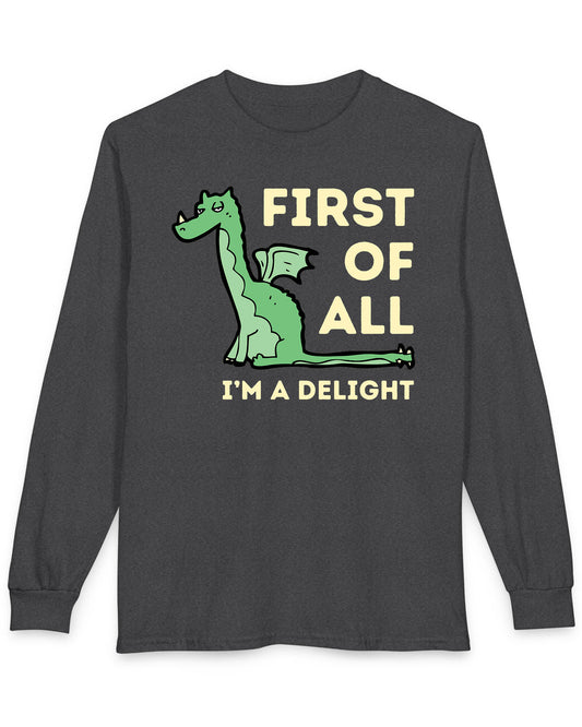 First of All I’m a Delight shirt in dark heather grey, featuring a smug green dragon with a sarcastic expression.