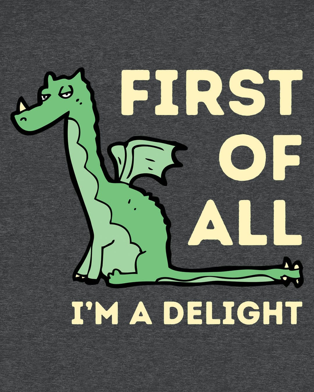 First of All I’m a Delight shirt in dark heather grey, featuring a smug green dragon with a sarcastic expression.
