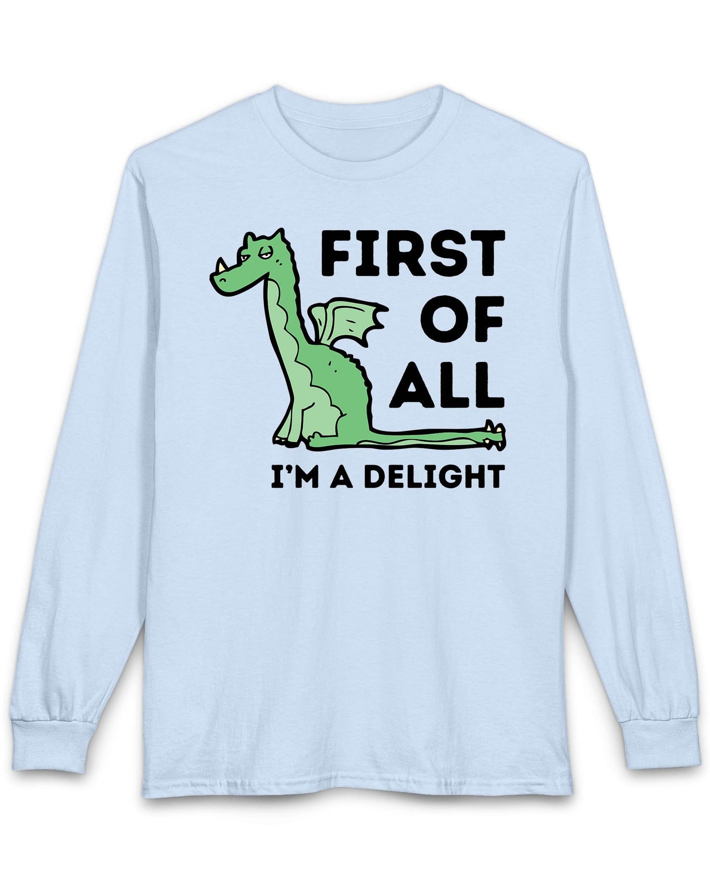 First of All I’m a Delight shirt in light blue, featuring a smug green dragon with a sarcastic expression.