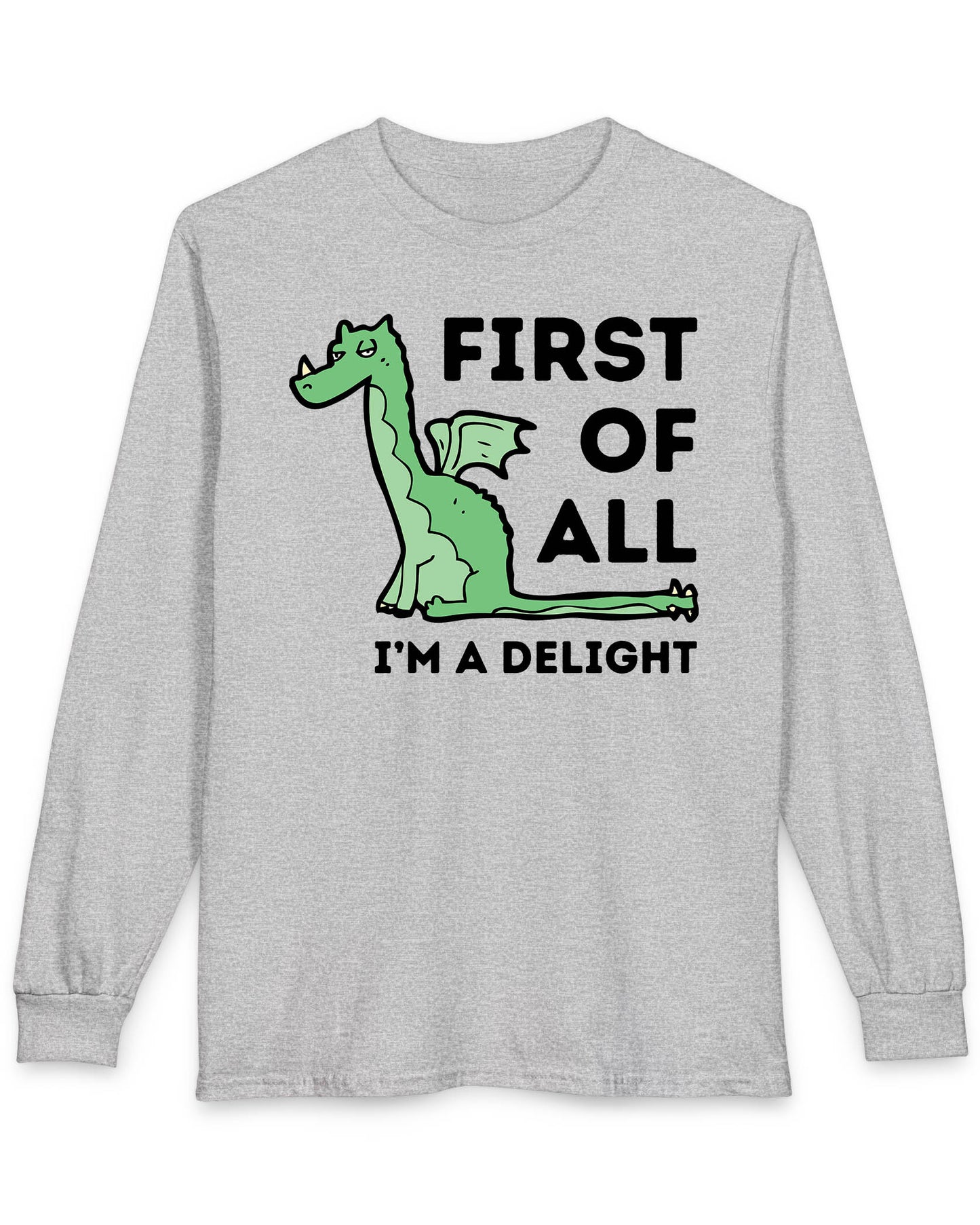 First of All I’m a Delight shirt in sport grey, featuring a smug green dragon with a sarcastic expression.