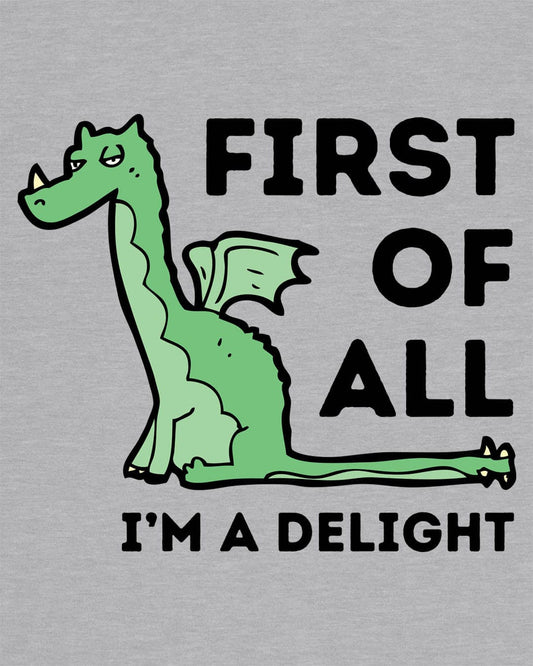 First of All I’m a Delight shirt in sport grey, featuring a smug green dragon with a sarcastic expression.