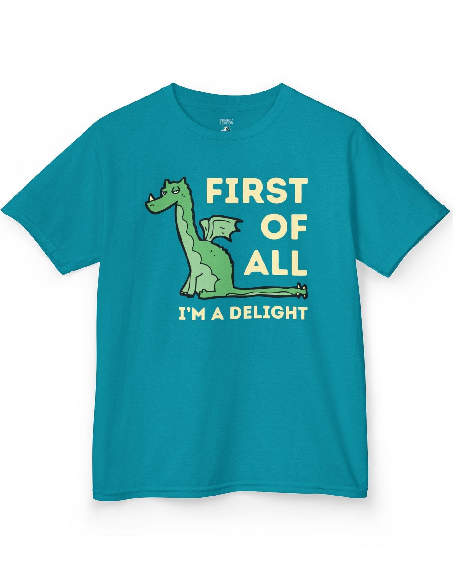 First of All I’m a Delight shirt in tropical blue, featuring a smug green dragon with a sarcastic expression.