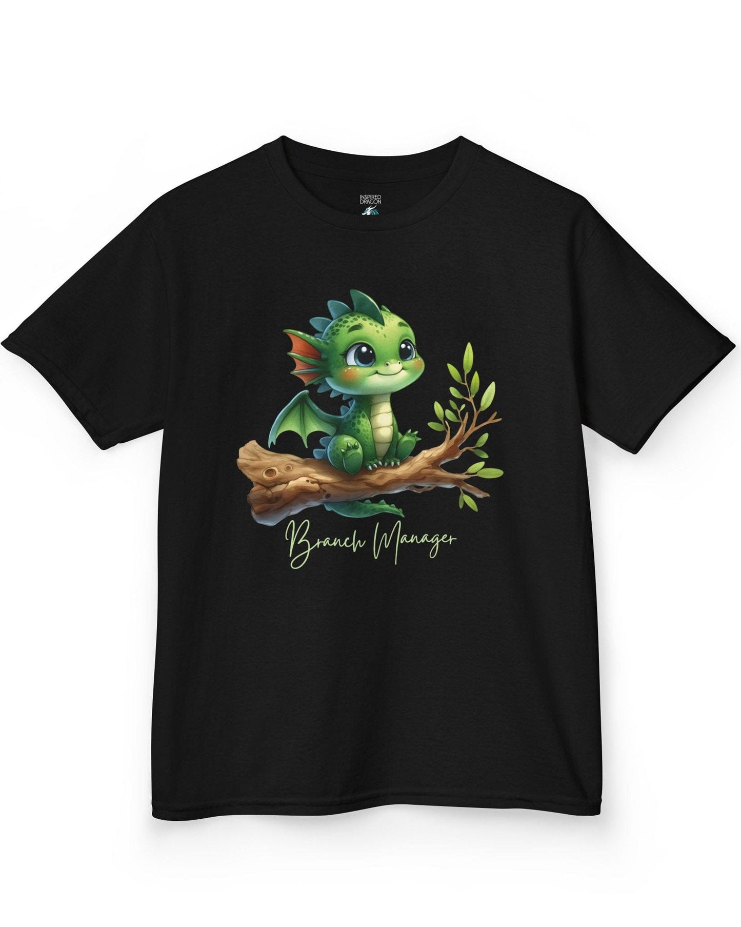 Branch Manager shirt in black featuring a cute green dragon perched on a tree branch with playful handwritten text