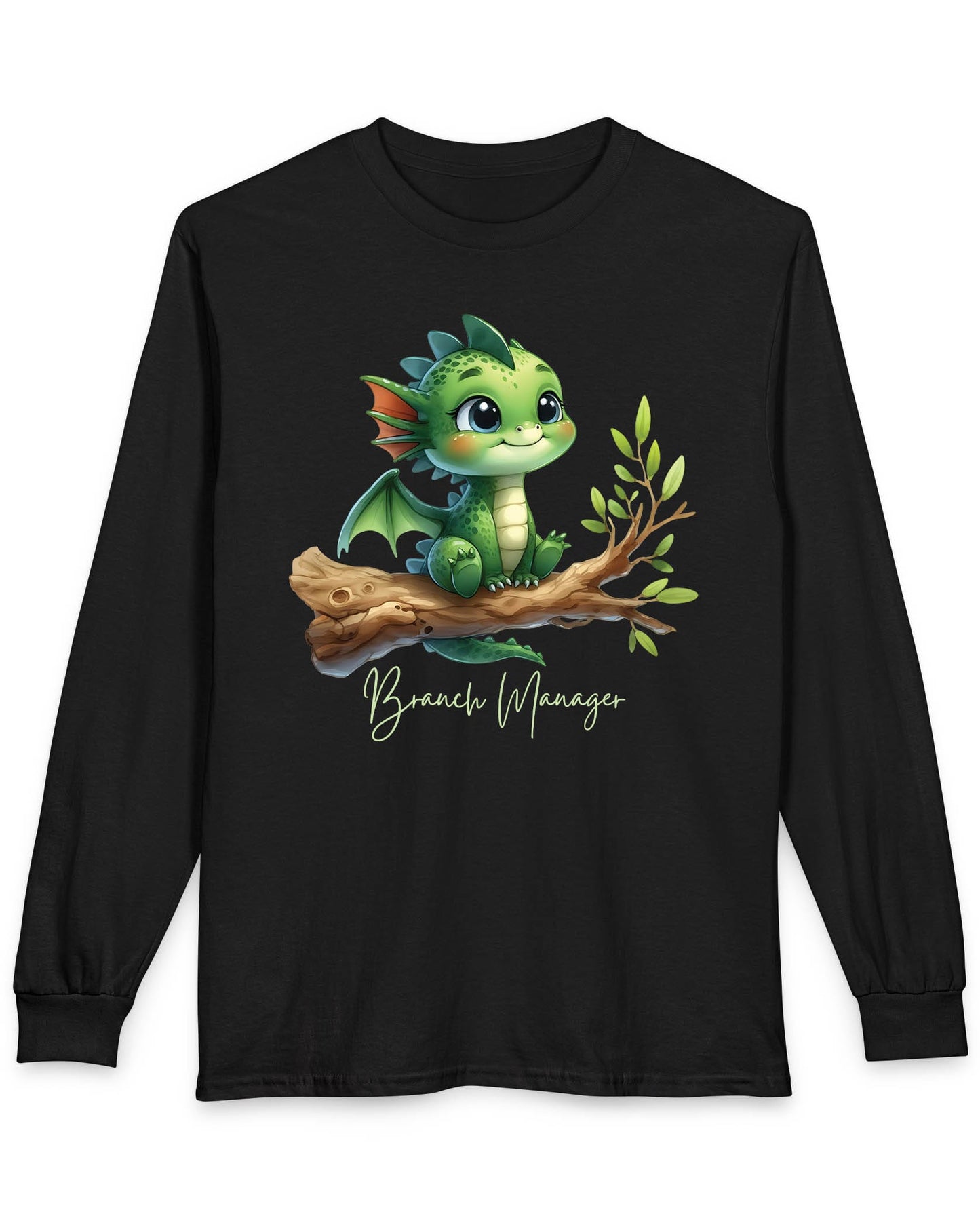 Branch Manager shirt in black featuring a cute green dragon perched on a tree branch with playful handwritten text