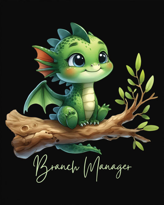 Branch Manager shirt in black featuring a cute green dragon perched on a tree branch with playful handwritten text.