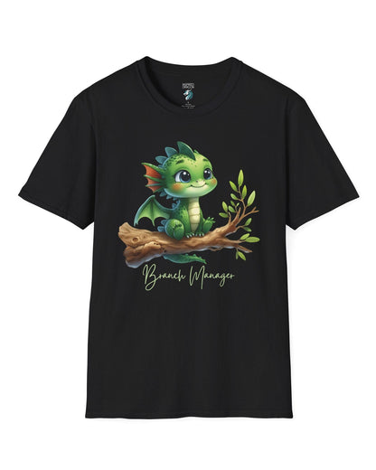 Branch Manager shirt in black featuring a cute green dragon perched on a tree branch with playful handwritten text.
