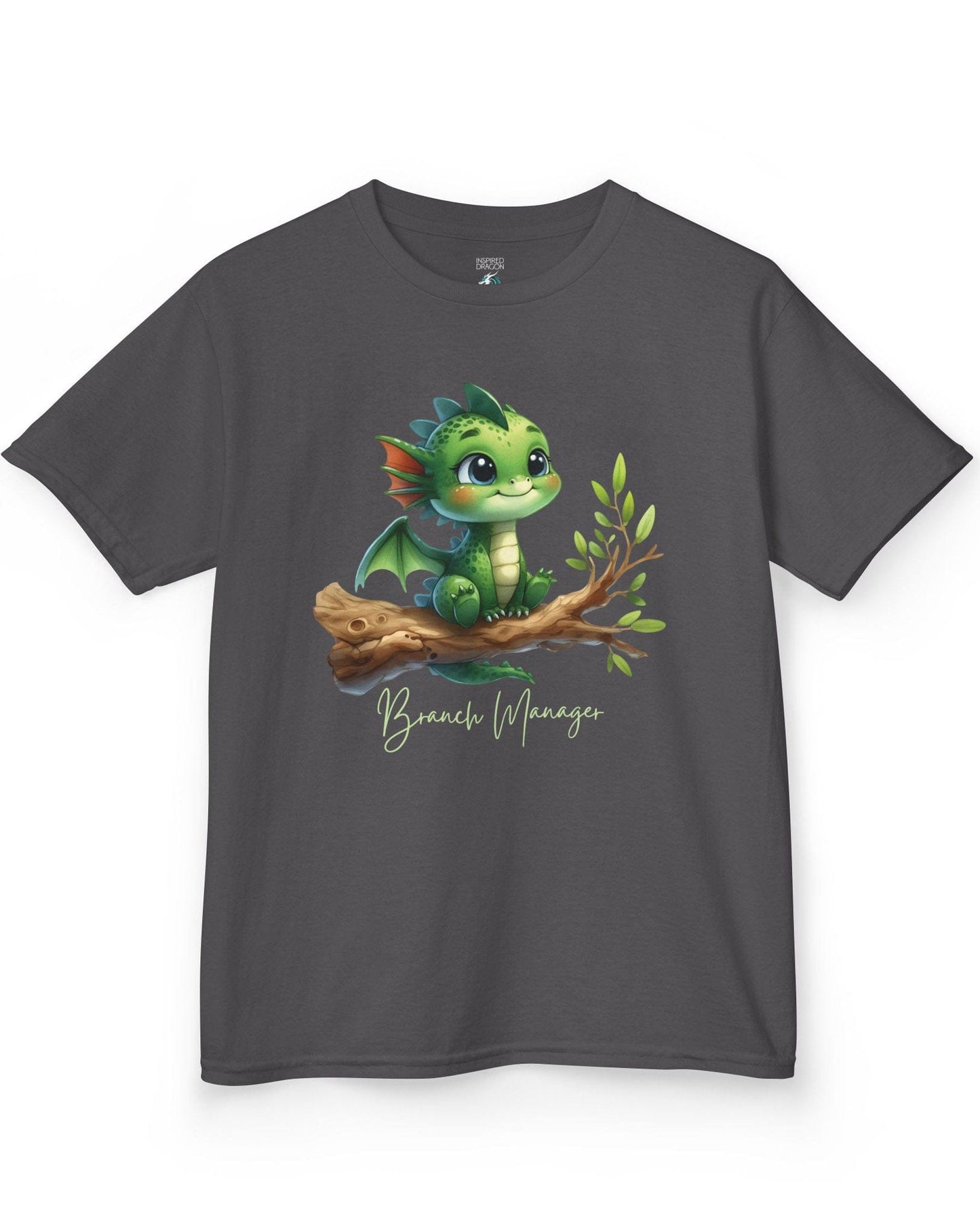 Branch Manager shirt in charcoal featuring a cute green dragon perched on a tree branch with playful handwritten text