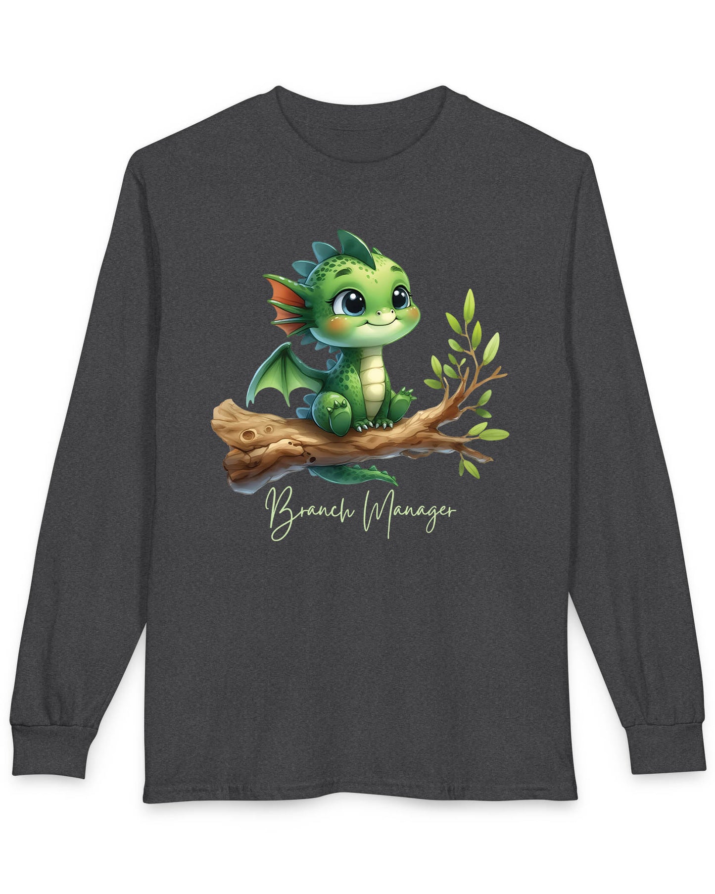 Branch Manager shirt in dark heather featuring a cute green dragon perched on a tree branch with playful handwritten text