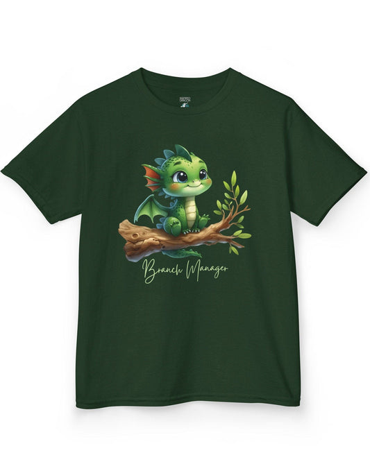 Branch Manager shirt in forest green featuring a cute green dragon perched on a tree branch with playful handwritten text