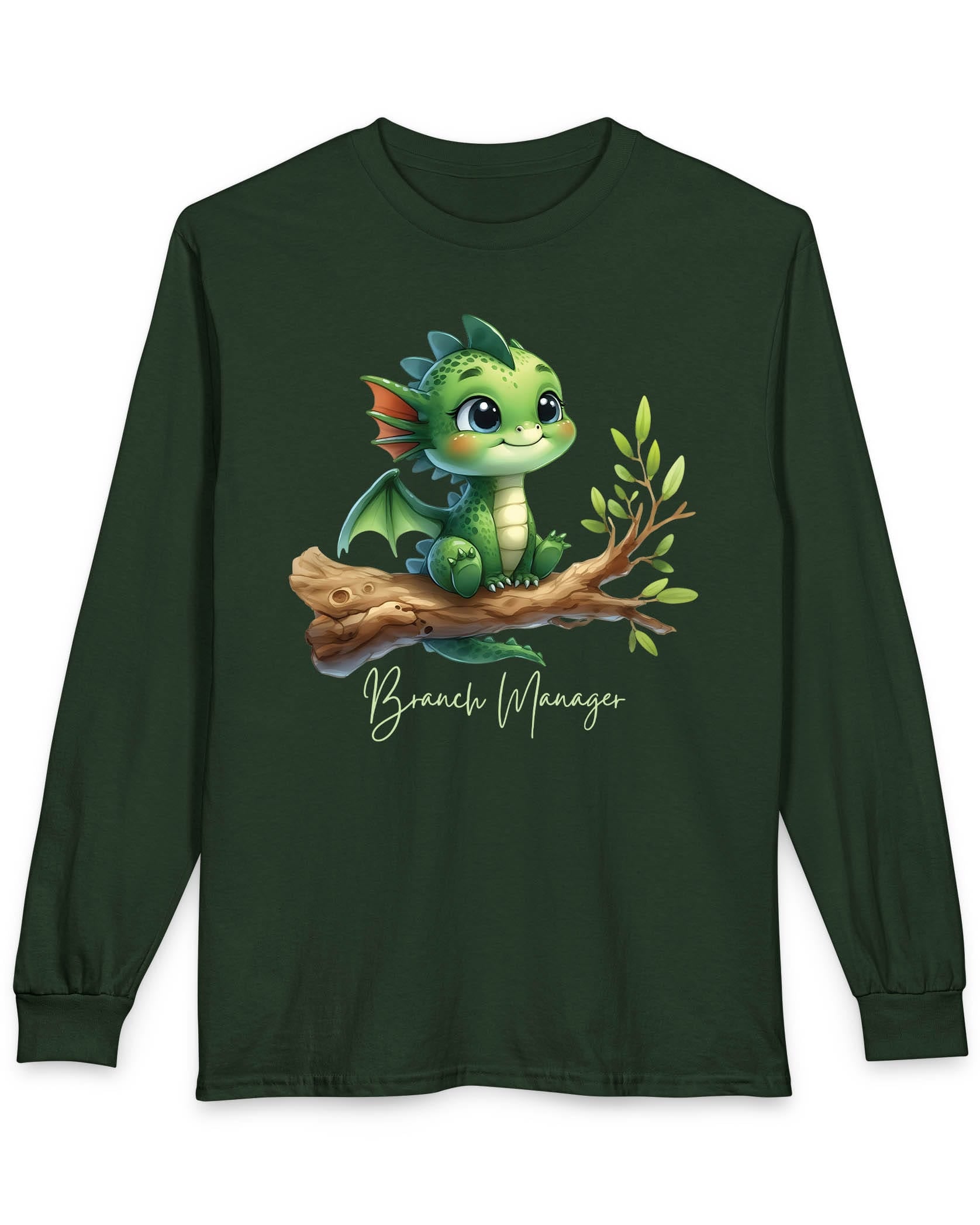 Branch Manager shirt in forest green featuring a cute green dragon perched on a tree branch with playful handwritten text