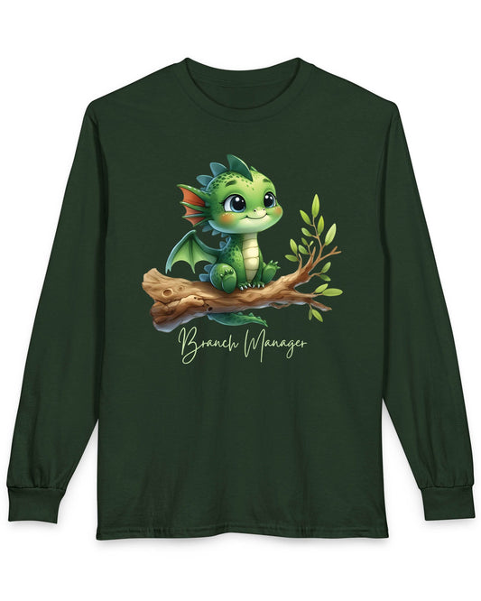 Branch Manager shirt in forest green featuring a cute green dragon perched on a tree branch with playful handwritten text