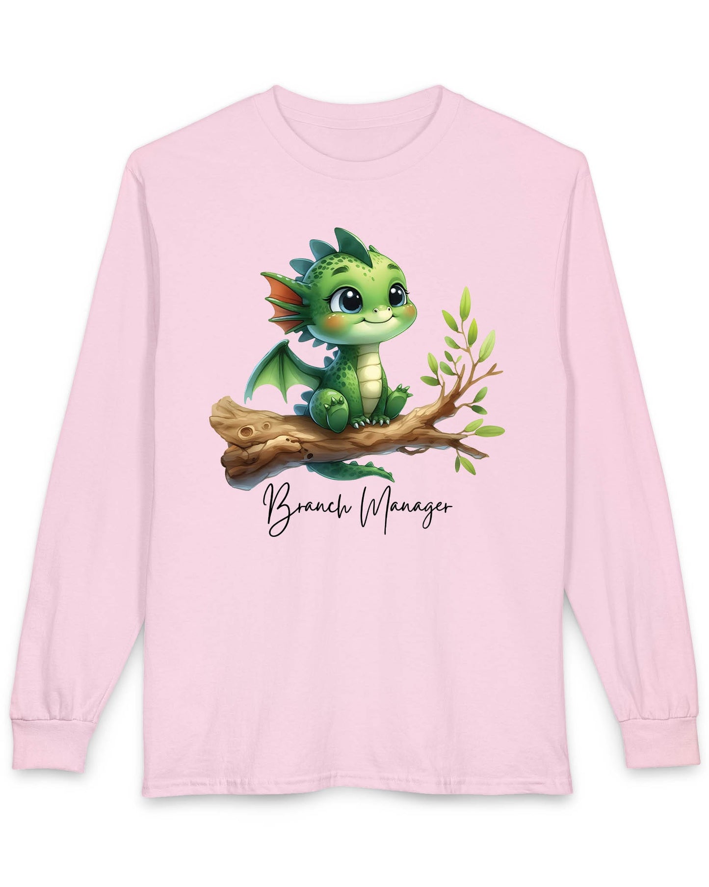 Branch Manager shirt in light pink featuring a cute green dragon perched on a tree branch with playful handwritten text
