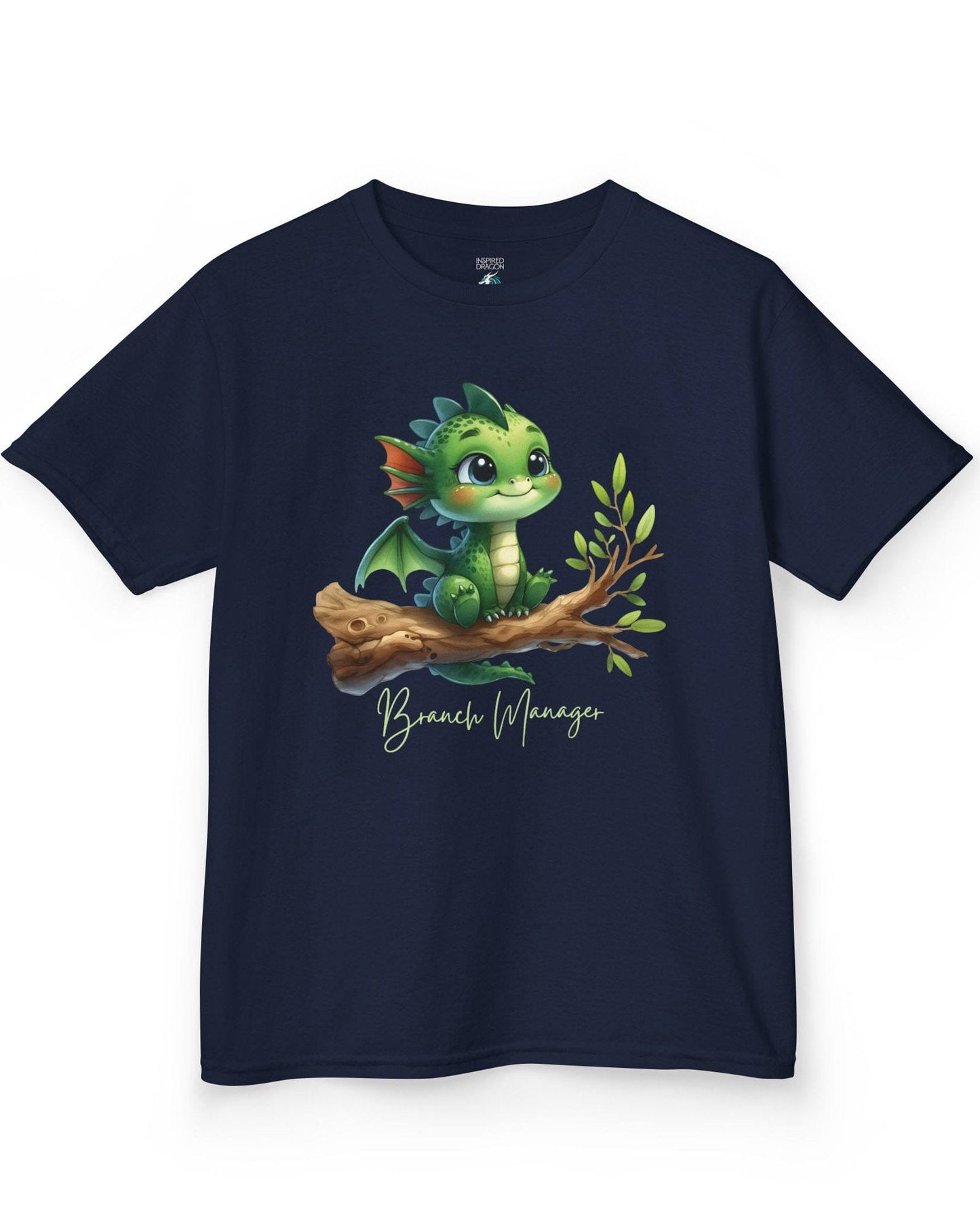 Branch Manager shirt in navy featuring a cute green dragon perched on a tree branch with playful handwritten text