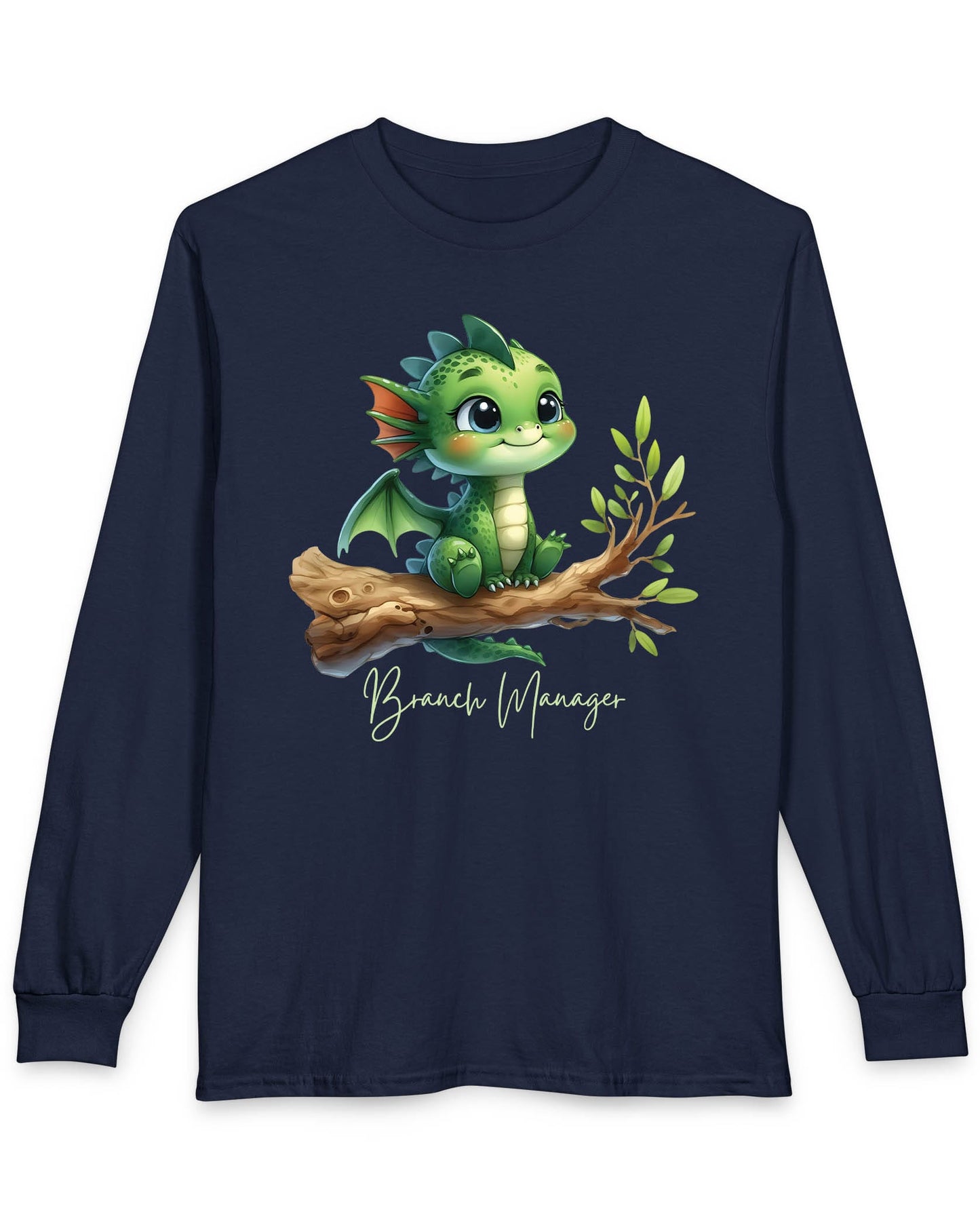 Branch Manager shirt in navy featuring a cute green dragon perched on a tree branch with playful handwritten text