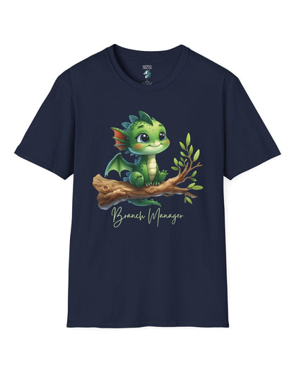 Branch Manager shirt in navy featuring a cute green dragon perched on a tree branch with playful handwritten text.
