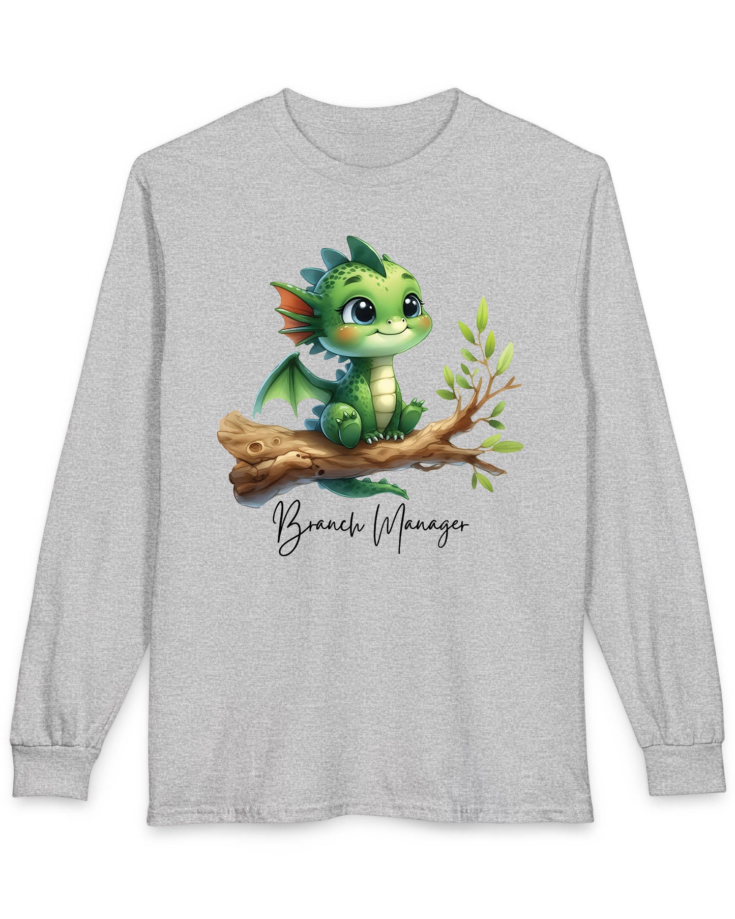Branch Manager shirt in sport grey featuring a cute green dragon perched on a tree branch with playful handwritten text