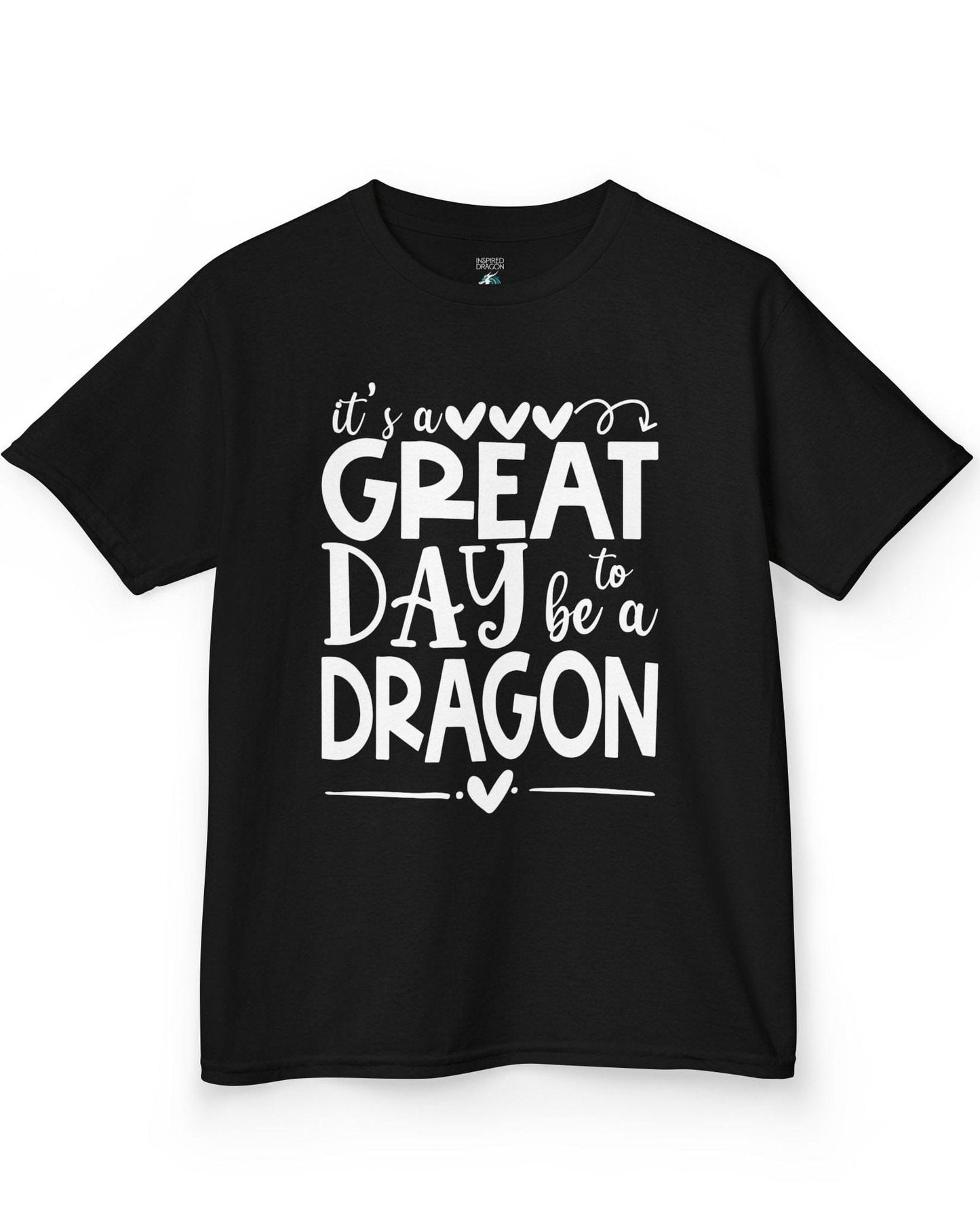 It's a Great Day to Be a Dragon shirt in black featuring playful text and heart accents in bold lettering