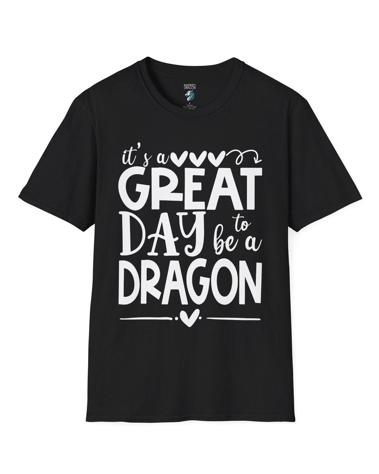 It's a Great Day to Be a Dragon shirt in black, featuring playful text and heart accents in bold lettering.
