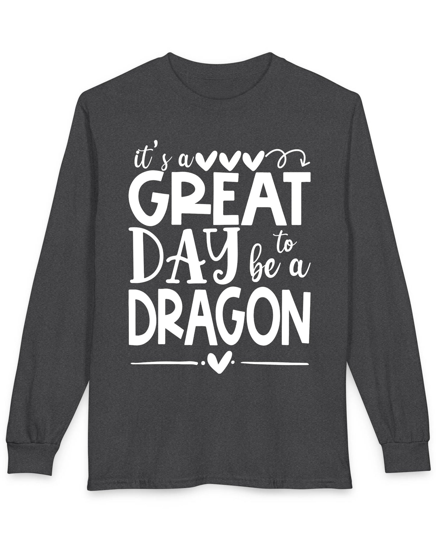 It's a Great Day to Be a Dragon shirt in dark heather featuring playful text and heart accents in bold lettering