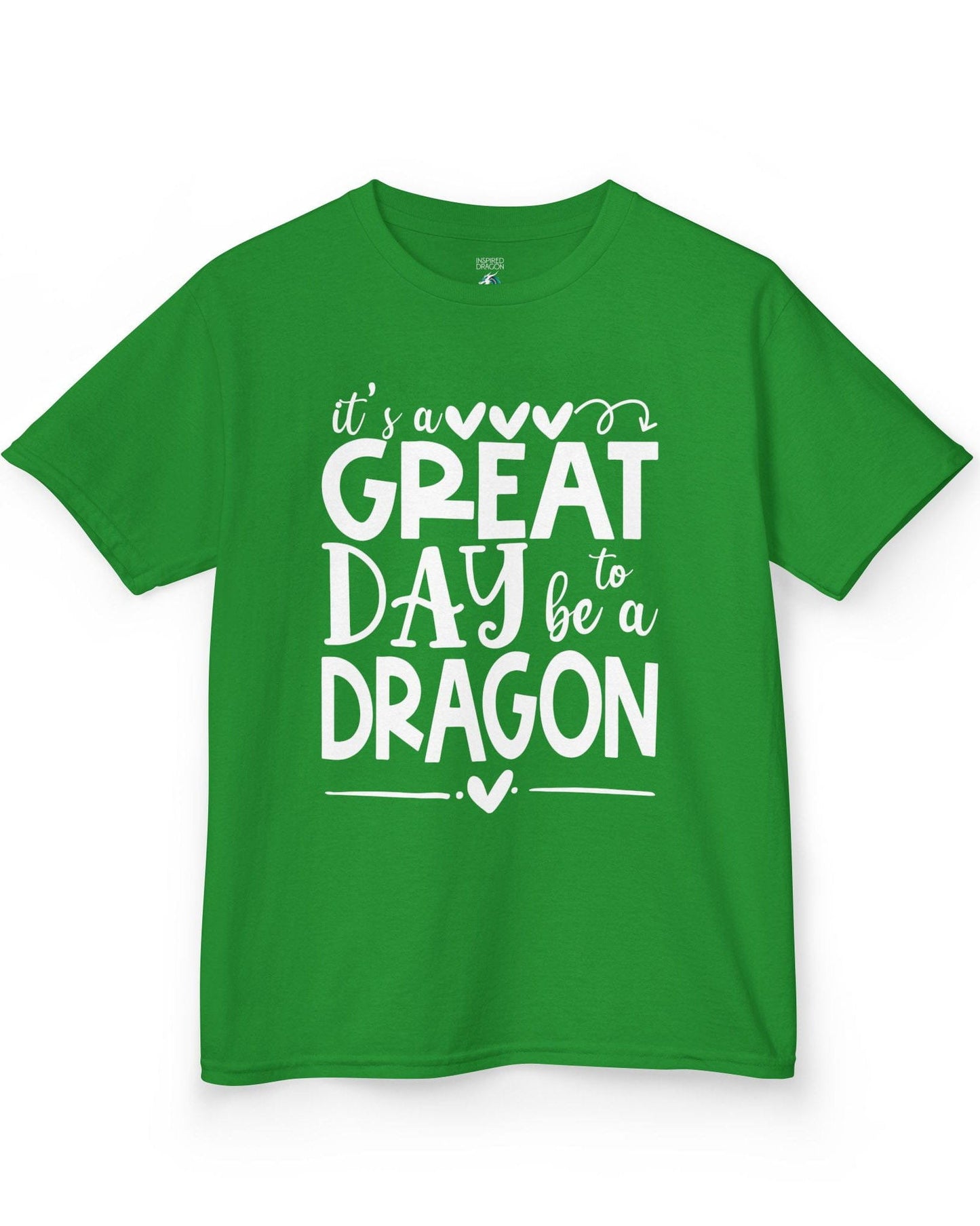 It's a Great Day to Be a Dragon shirt in Irish green featuring playful text and heart accents in bold lettering