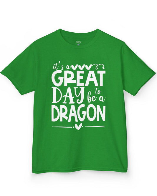 It's a Great Day to Be a Dragon shirt in Irish green featuring playful text and heart accents in bold lettering
