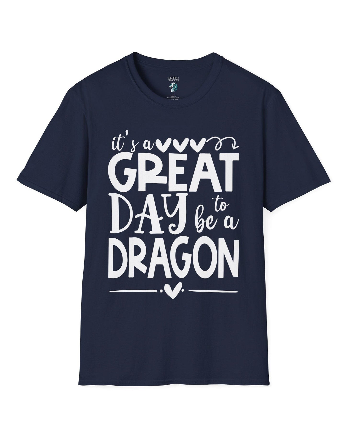 It's a Great Day to Be a Dragon shirt in navy, featuring playful text and heart accents in bold lettering.
