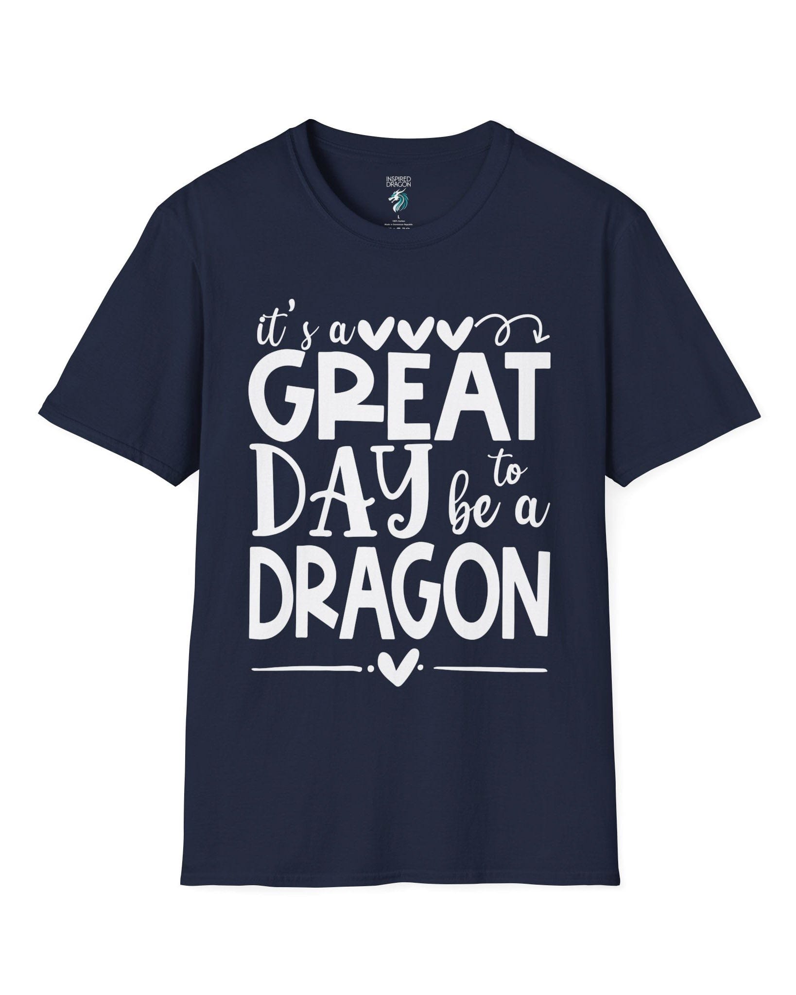 It's a Great Day to Be a Dragon shirt in navy, featuring playful text and heart accents in bold lettering.
