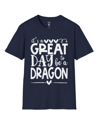 It's a Great Day to Be a Dragon shirt in navy, featuring playful text and heart accents in bold lettering.
