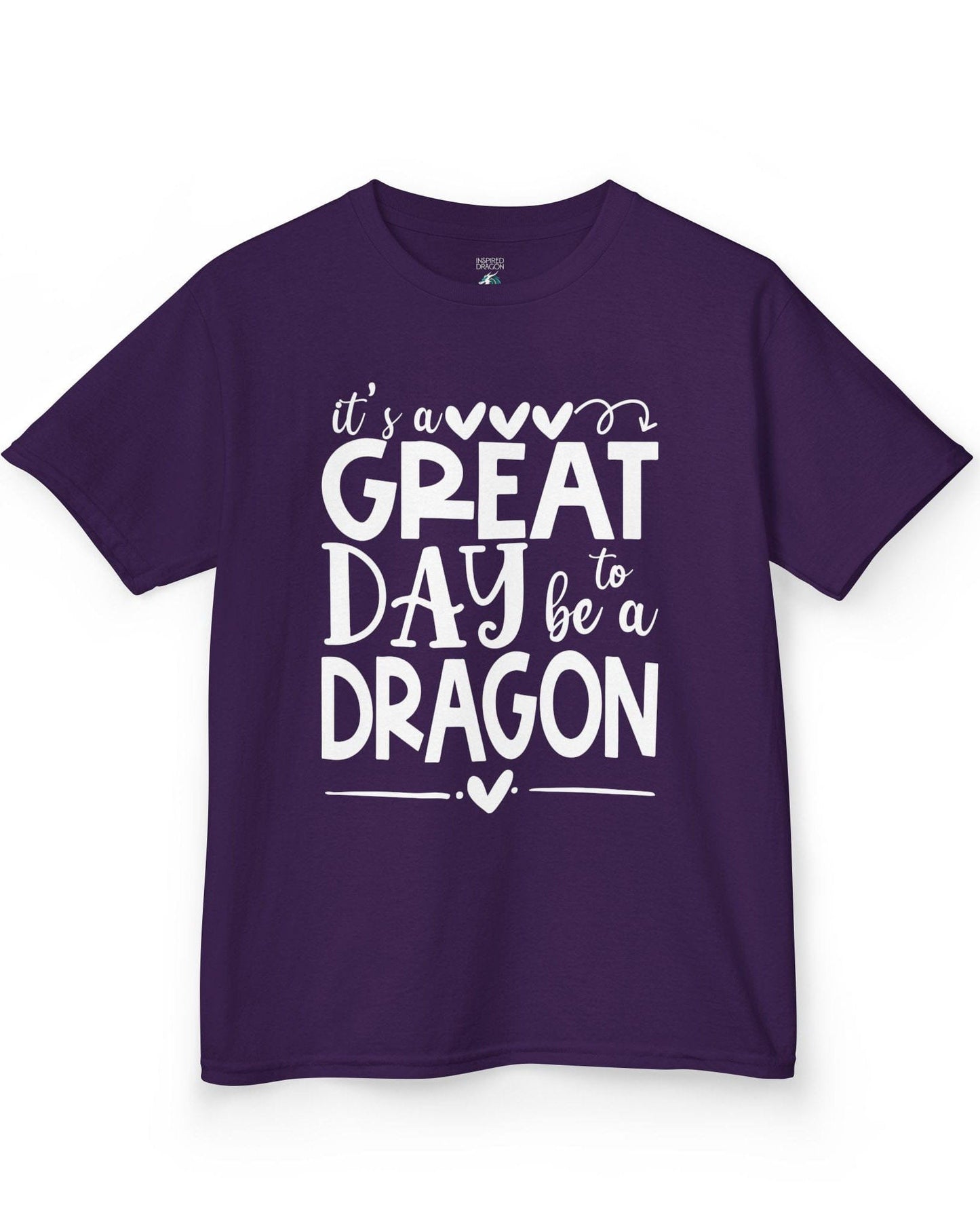 It's a Great Day to Be a Dragon shirt in purple featuring playful text and heart accents in bold lettering