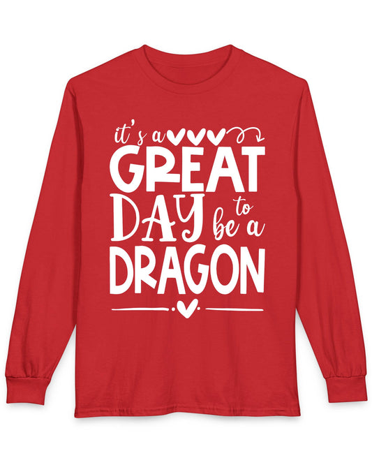 It's a Great Day to Be a Dragon shirt in red featuring playful text and heart accents in bold lettering