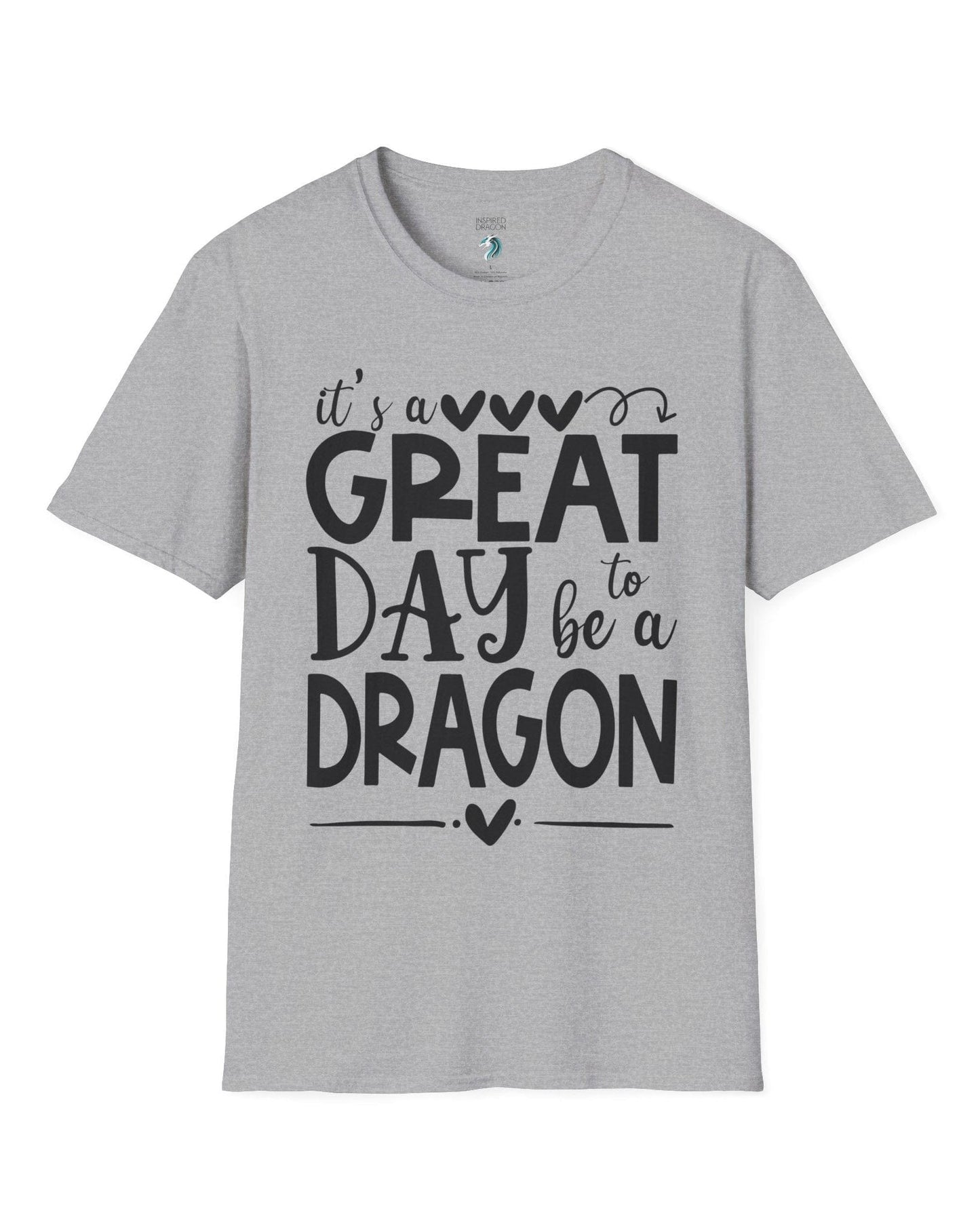 It's a Great Day to Be a Dragon shirt in sport grey, featuring playful text and heart accents in bold lettering.
