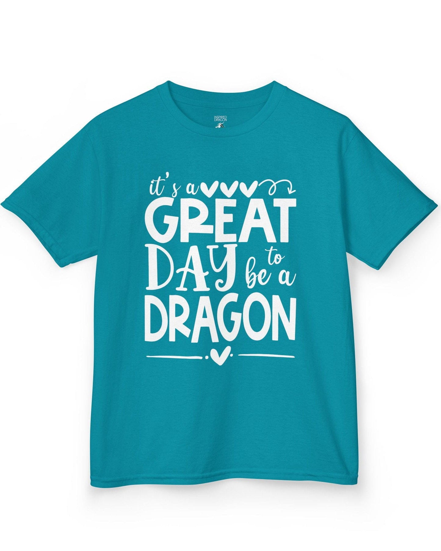 It's a Great Day to Be a Dragon shirt in tropical blue featuring playful text and heart accents in bold lettering