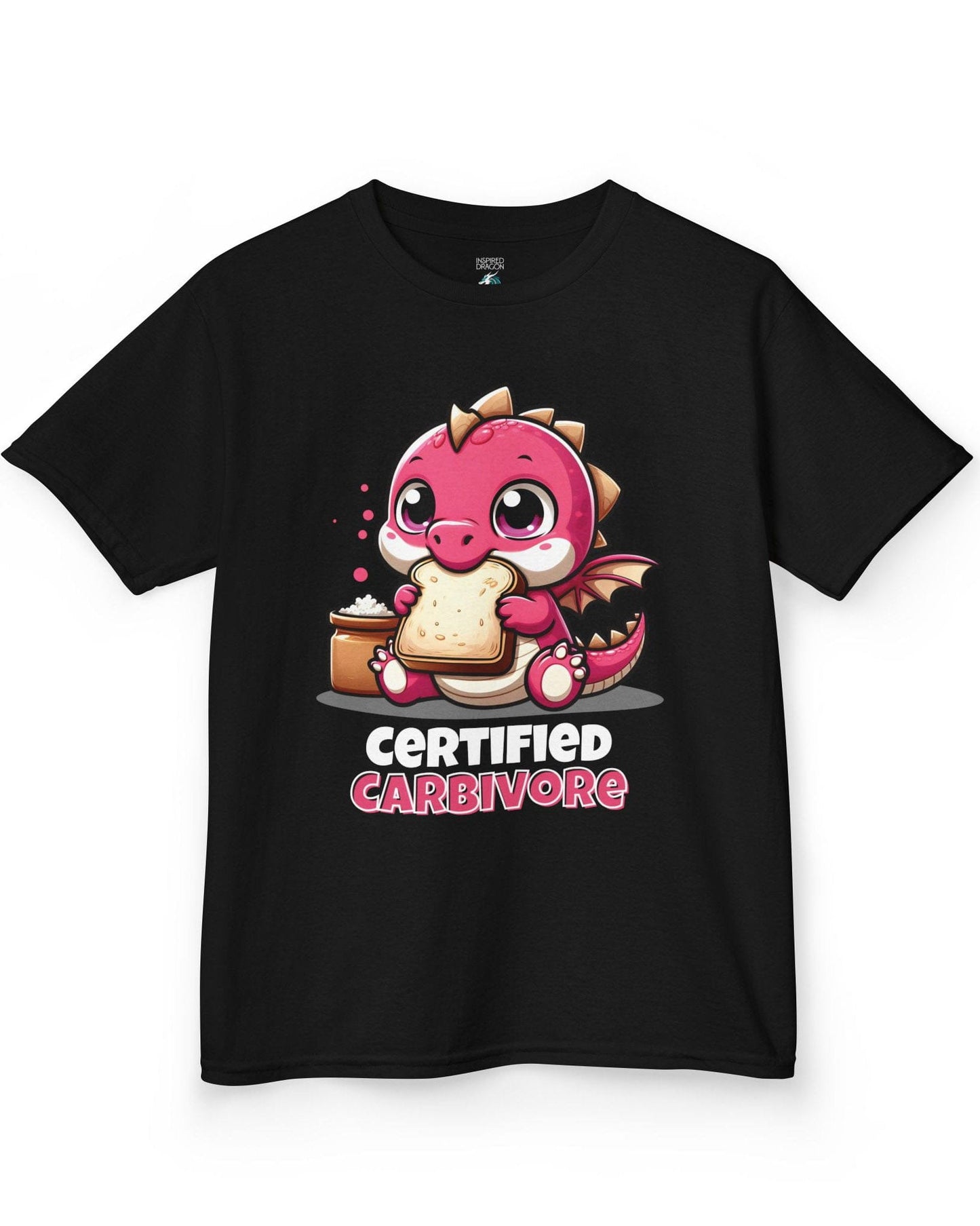 Certified Carbivore shirt in black, featuring a cute pink dragon munching toast, with bold text below.