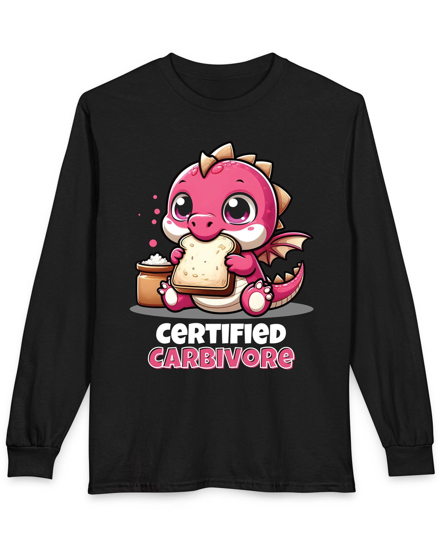 Certified Carbivore shirt in black featuring a cute pink dragon munching toast, with bold text below