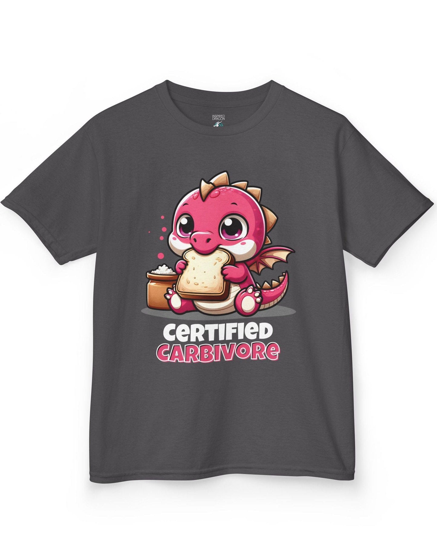Certified Carbivore shirt in charcoal, featuring a cute pink dragon munching toast, with bold text below.