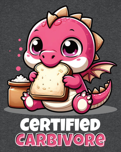 Certified Carbivore shirt in dark heather grey, featuring a cute pink dragon munching toast, with bold text below.