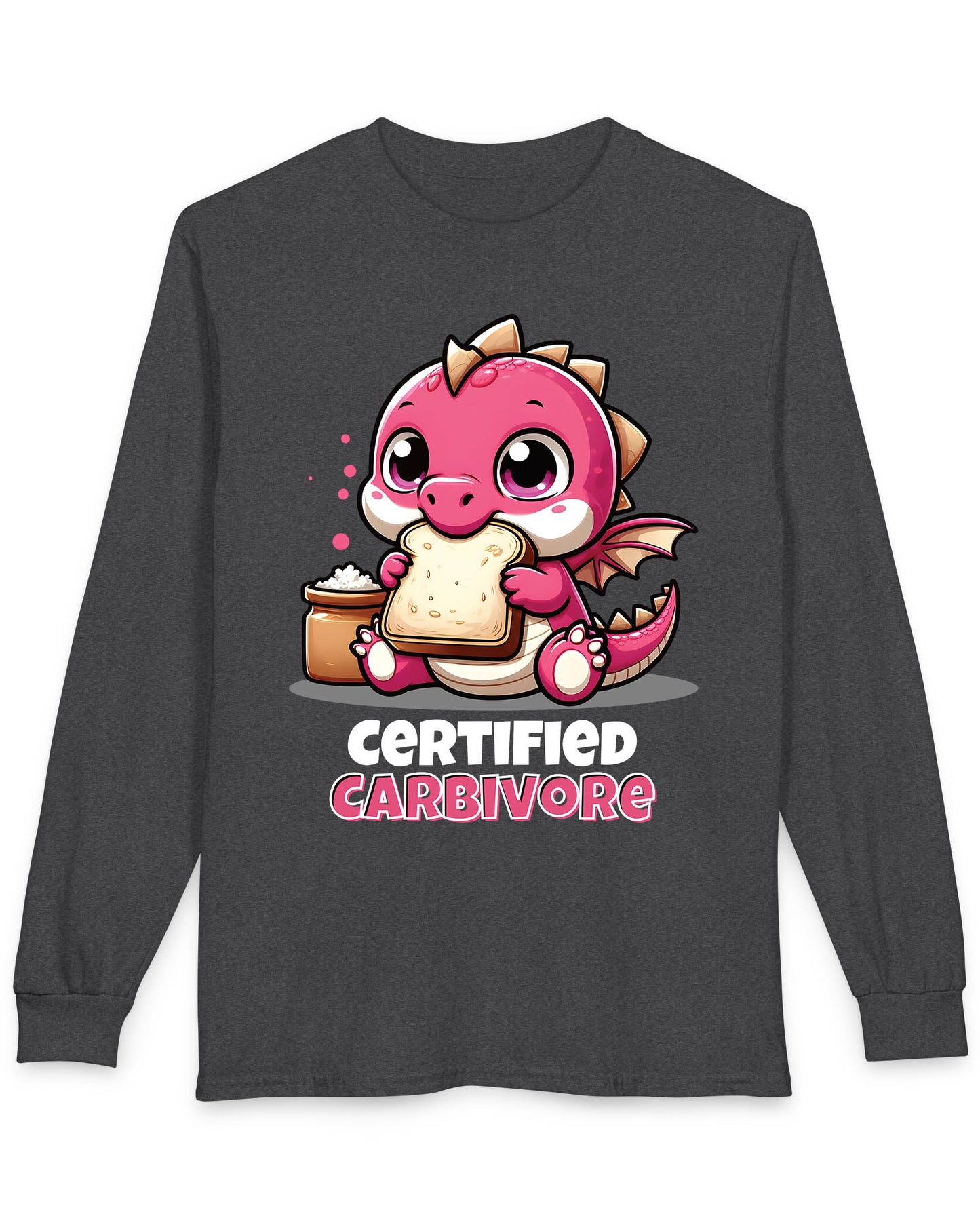Certified Carbivore shirt in dark heather featuring a cute pink dragon munching toast, with bold text below